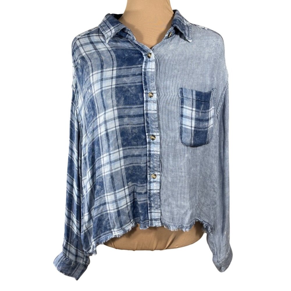 Vintage Havana Shirt Patchwork Plaid Blue S Small Button Front